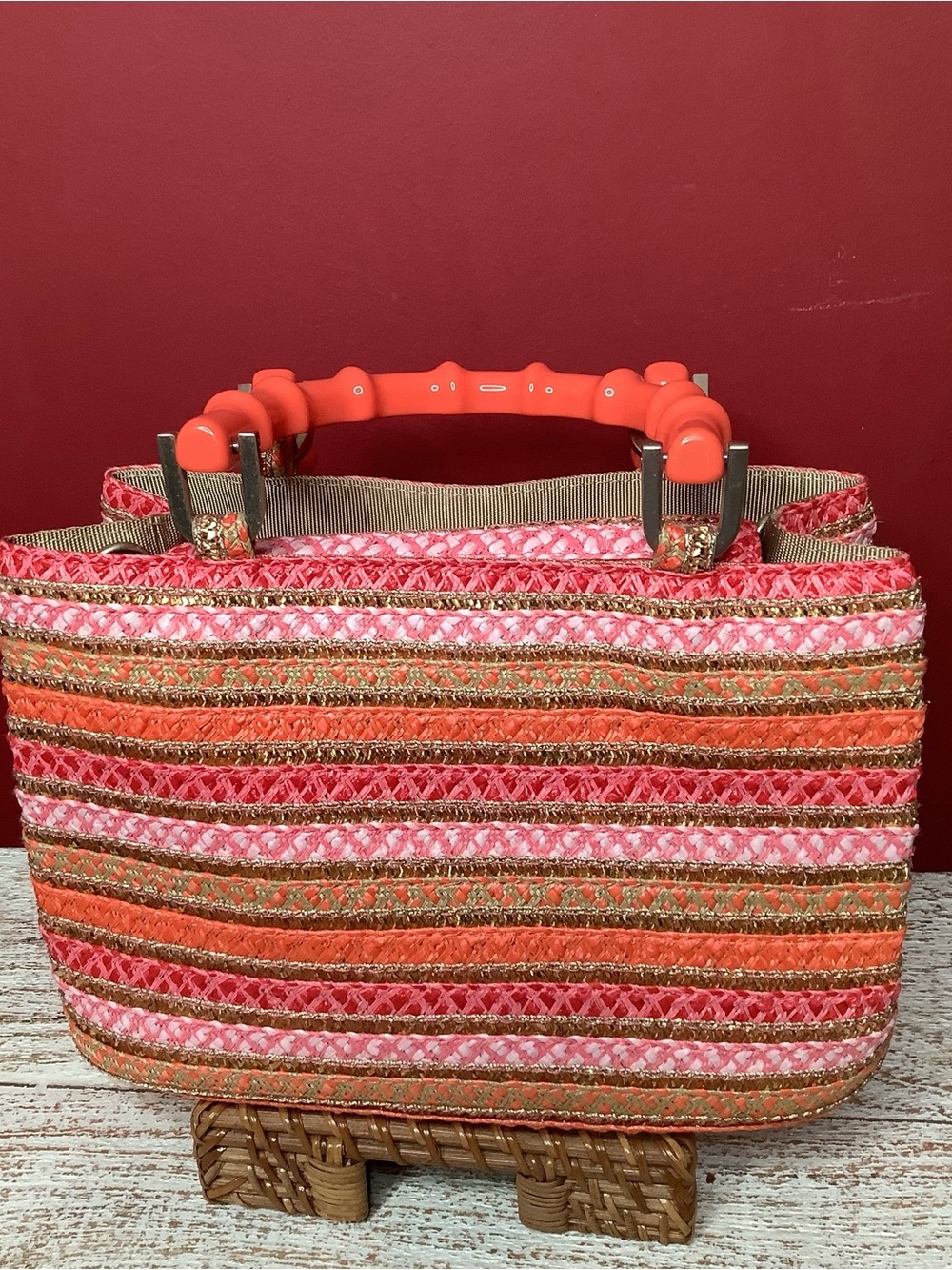 Eric Javits LEILA Coral Pink Striped Woven Satchel Crossbody Bamboo Handle Bag - Picture 4 of 16
